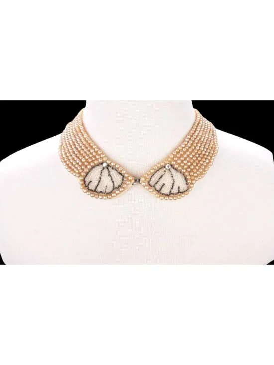 Vintage Faux Pearl Beaded Collar Sweater Necklace Shell Motif 1950s Rhinestone - Picture 6 of 7